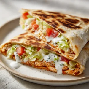 Eye-level shot of a Healthy Chicken Crunch Wrap with golden-brown toasted spots on a white plate.
