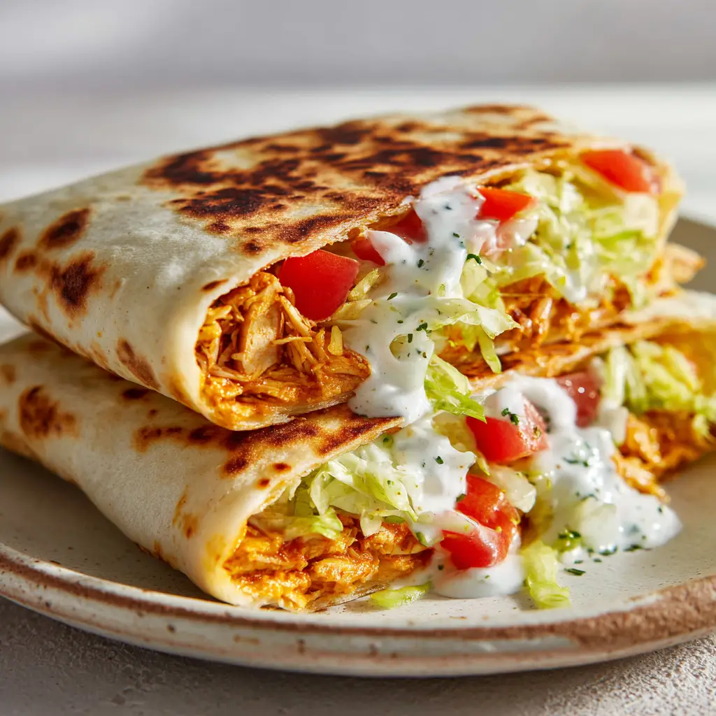 Close-up of the internal layers of a Healthy Chicken Crunch Wrap featuring shredded chicken and herb sauce.