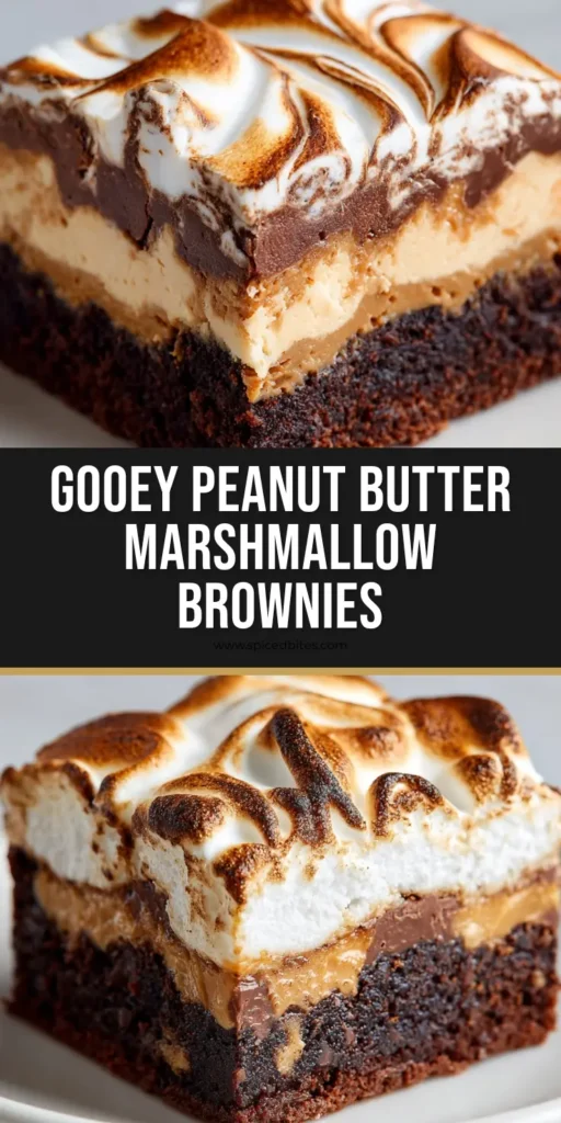 A stack of Peanut Butter Marshmallow Brownies showing clear layers of dark chocolate, tan peanut butter, and toasted white marshmallow peaks.