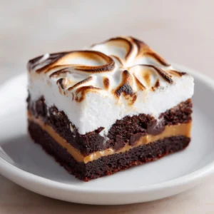 A square-cut Peanut Butter Marshmallow Brownie on a white plate, highlighting the fudgy base and golden toasted marshmallow top.