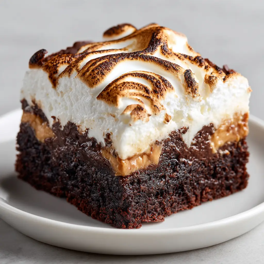 Close-up of Peanut Butter Marshmallow Brownies showing the milk chocolate swirl on toasted marshmallow peaks.