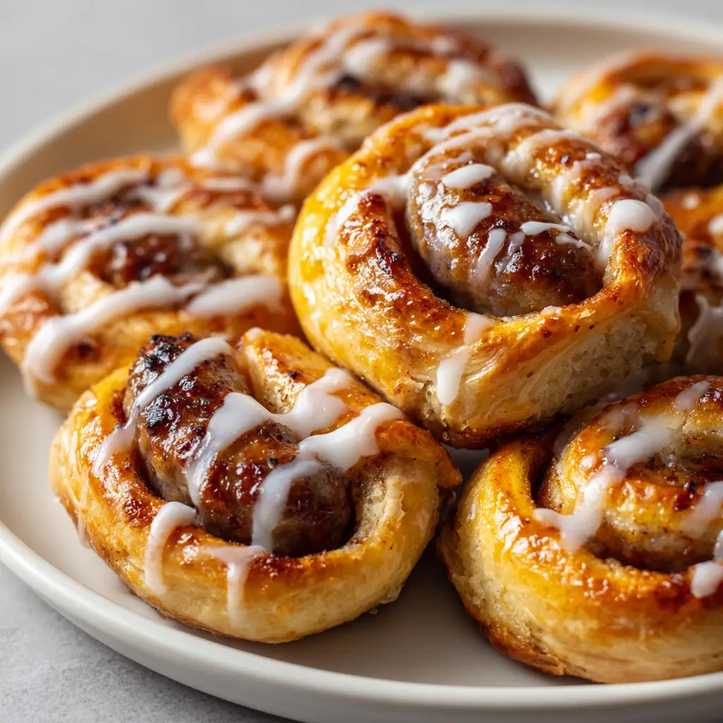 Cinnamon Roll Pigs in a Blanket: The Ultimate Sweet and Savory Breakfast 1 Cinnamon Roll Pigs in a Blanket arranged on a white plate with glossy icing drizzle and soft natural lighting.
