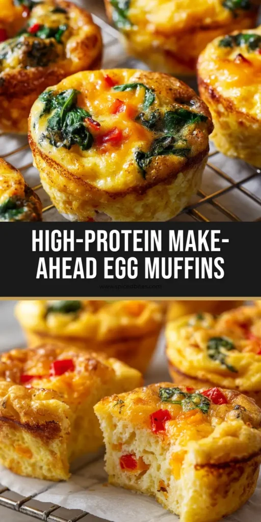 Make-Ahead Egg Muffins with Roasted Red Peppers and Spinach 4 A stack of golden-yellow Make-Ahead Egg Muffins with visible spinach and melted cheddar cheese pools on a wire rack.