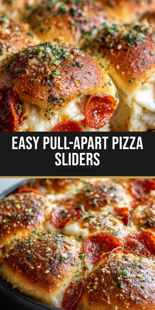 Pizza Sliders: The Ultimate Pull-Apart Pepperoni Party Snack 4 A close-up vertical shot of pull-apart Pizza Sliders in a dark pan with golden brown tops, melted mozzarella, and pepperoni slices visible.