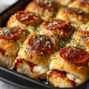 Pizza Sliders: The Ultimate Pull-Apart Pepperoni Party Snack 3 Detailed close-up of connected Pizza Sliders in a dark baking dish, featuring golden brown tops brushed with garlic butter and herbs.