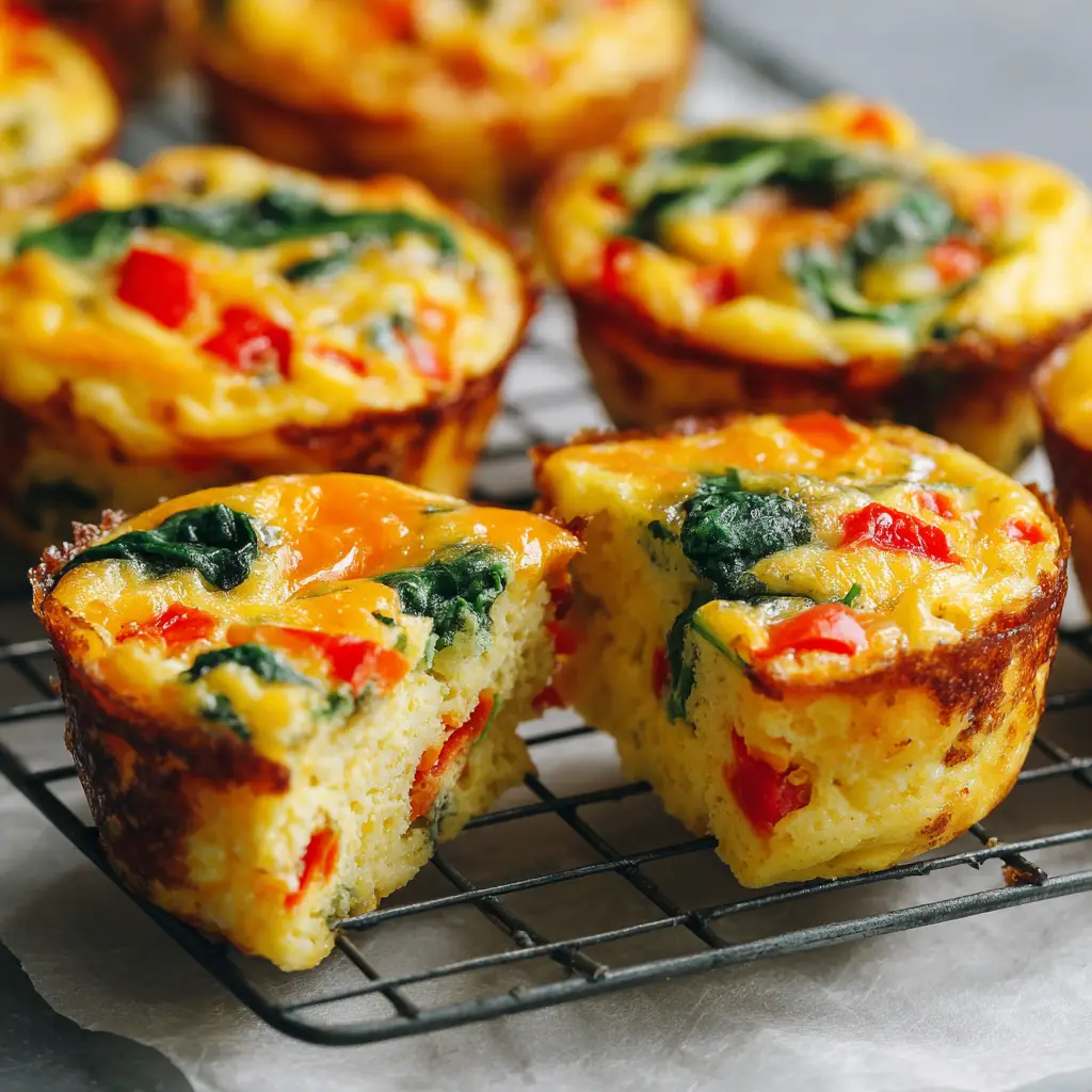 Make-Ahead Egg Muffins with Roasted Red Peppers and Spinach 1 A cross-section of a Make-Ahead Egg Muffin revealing a spongy, steamed egg interior with distributed vegetables.