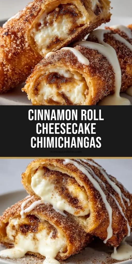 Cinnamon Roll Cheesecake Chimichanga: The Ultimate Crispy Dessert Fusion 4 A close-up of a Cinnamon Roll Cheesecake Chimichanga sliced in half, showing a creamy white cheesecake filling with gooey cinnamon swirls and a crispy sugar-coated crust.