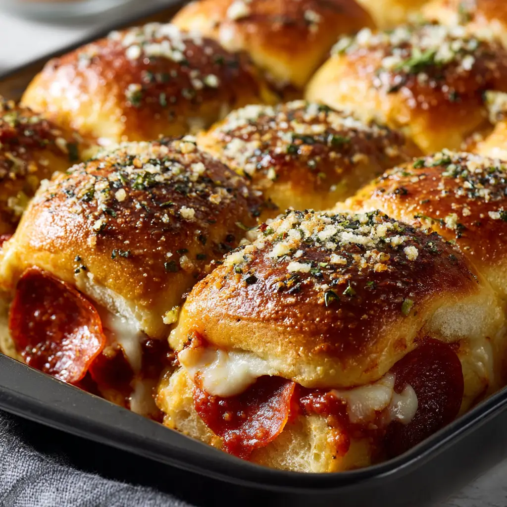Pizza Sliders: The Ultimate Pull-Apart Pepperoni Party Snack 1 Horizontal view of Pizza Sliders with melted mozzarella cheese and red marinara sauce oozing out from between the layers.
