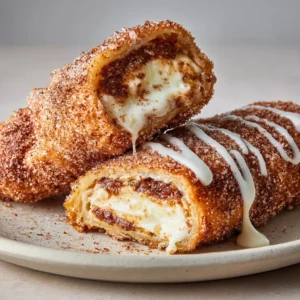 Cinnamon Roll Cheesecake Chimichanga: The Ultimate Crispy Dessert Fusion 3 Close-up shot of a golden-brown Cinnamon Roll Cheesecake Chimichanga heavily coated in coarse cinnamon sugar crystals on a white plate.