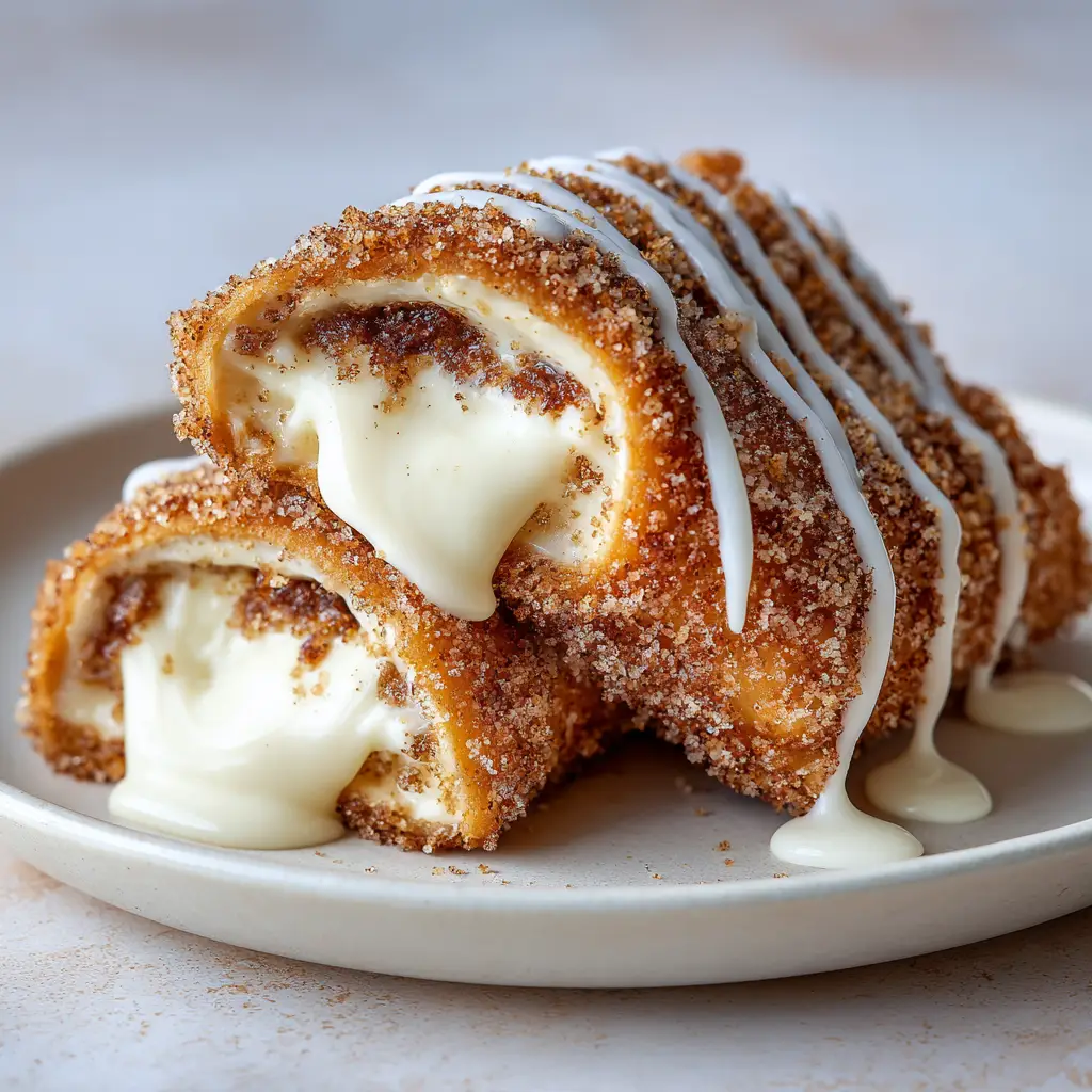 Cinnamon Roll Cheesecake Chimichanga: The Ultimate Crispy Dessert Fusion 1 A Cinnamon Roll Cheesecake Chimichanga cut at an angle revealing a thick creamy white filling and gooey brown cinnamon sugar swirls.