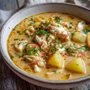Close-up of creamy Bubba's Crab Stew in a white ceramic bowl featuring diced yellow potatoes and parsley garnish.