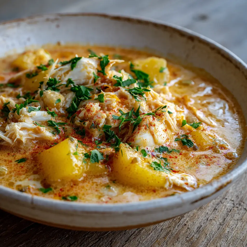 Bubba’s Crab Stew: A Velvety Low-Country Coastal Classic 1 Overhead view of Bubba's Crab Stew showing the iconic golden butter pools and paprika dusting.