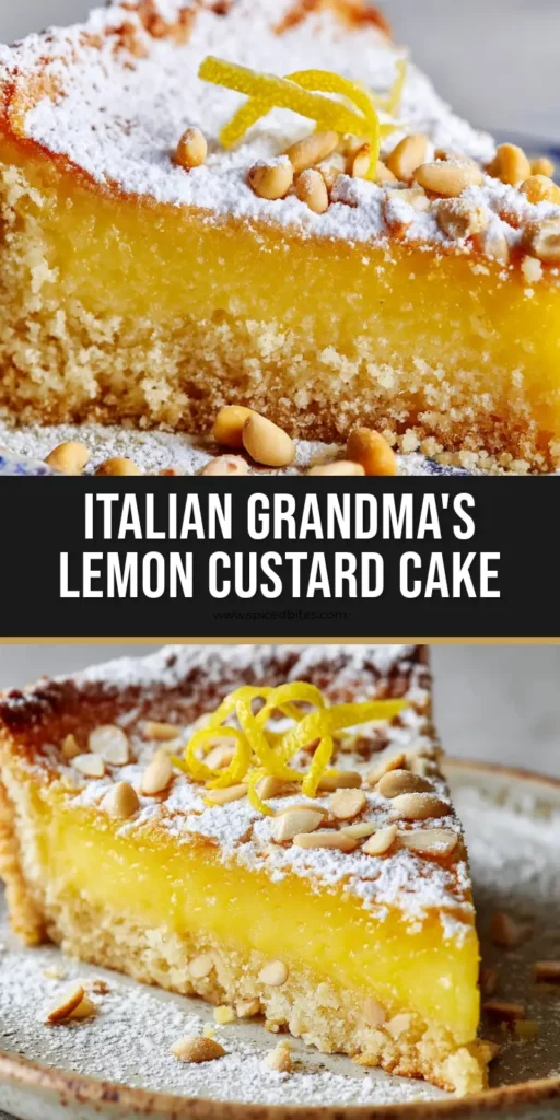 Lemon Custard Cake: The Ultimate Italian Shortcrust Torte 4 A rustic slice of Lemon Custard Cake on a vintage plate, featuring golden-brown shortcrust, vibrant yellow filling, powdered sugar, and pine nuts.