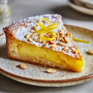 Close-up of a Lemon Custard Cake showing the thick smooth yellow filling and toasted golden pine nuts.