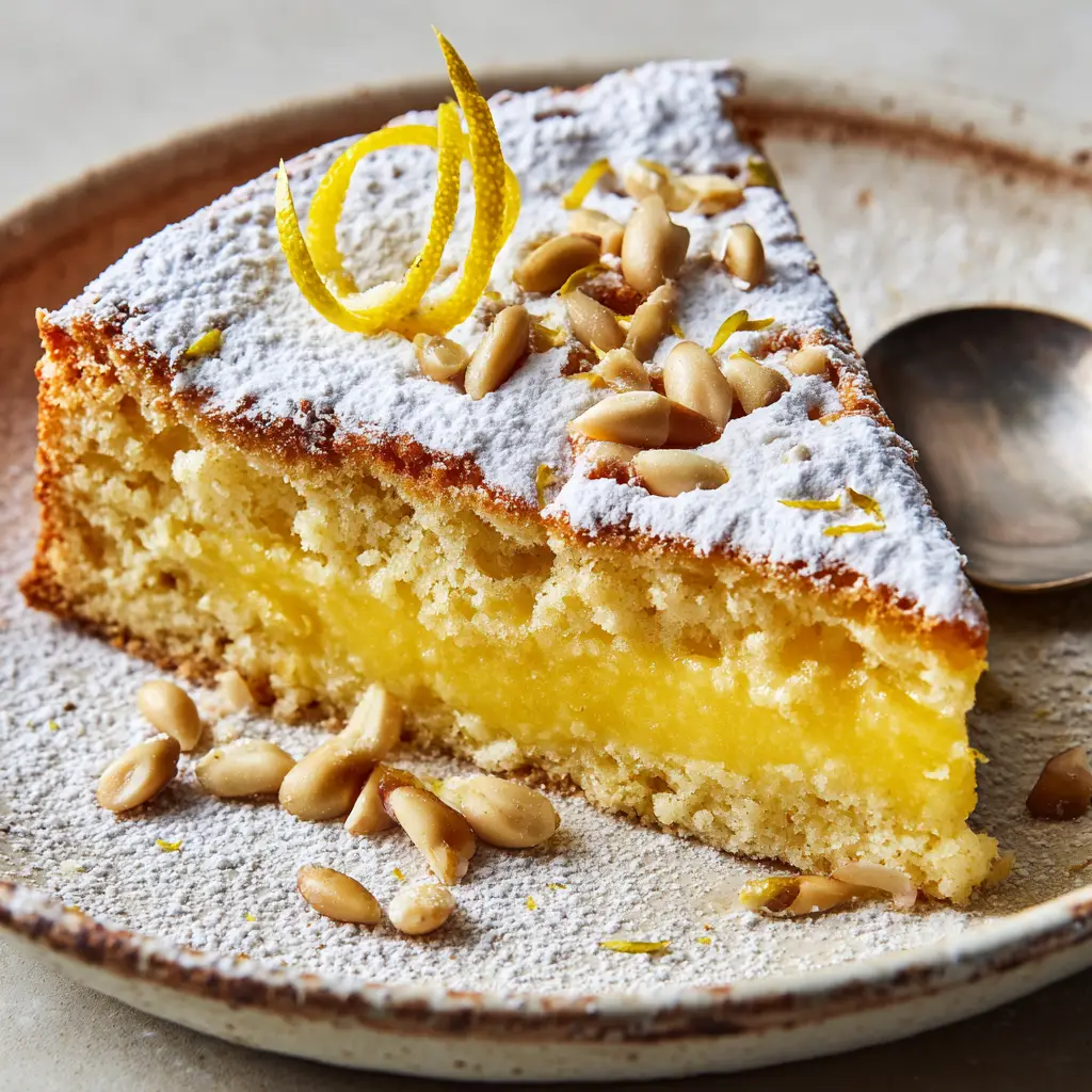 Lemon Custard Cake: The Ultimate Italian Shortcrust Torte 1 A top-down view of the Lemon Custard Cake with a lemon zest curl garnish and white powdered sugar dusting.