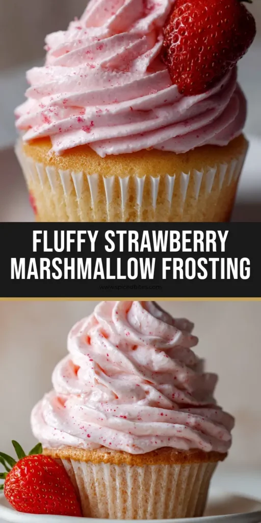 Strawberry Marshmallow Frosting: The Ultimate Glossy Cupcake Topper 4 A tall, glossy swirl of light pink Strawberry Marshmallow Frosting on a vanilla cupcake with freeze-dried strawberry speckles and a fresh strawberry garnish.