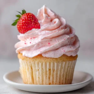 Strawberry Marshmallow Frosting: The Ultimate Glossy Cupcake Topper 3 Close-up of glossy Strawberry Marshmallow Frosting showing the sticky, meringue-like texture and red strawberry speckles.