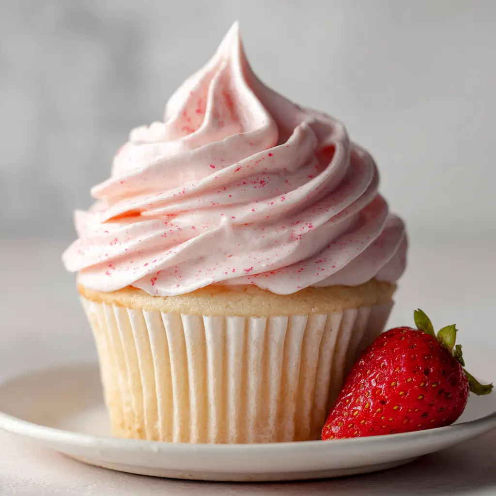 Strawberry Marshmallow Frosting: The Ultimate Glossy Cupcake Topper 1 A professional tall swirl of light pink Strawberry Marshmallow Frosting on a white ceramic plate under natural light.