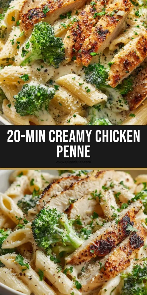 Creamy Chicken Broccoli Penne with Glossy Garlic Cream Sauce 4 A Pinterest pin showing a close-up of creamy chicken broccoli penne pasta with a glossy white sauce and golden-brown chicken breast slices in a white bowl.