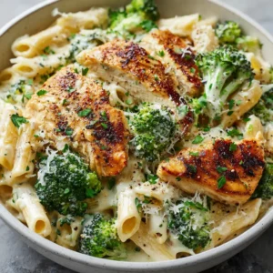 Close-up view of al dente penne pasta coated in a thick, glossy white cream sauce with vibrant green broccoli (creamy chicken broccoli penne).