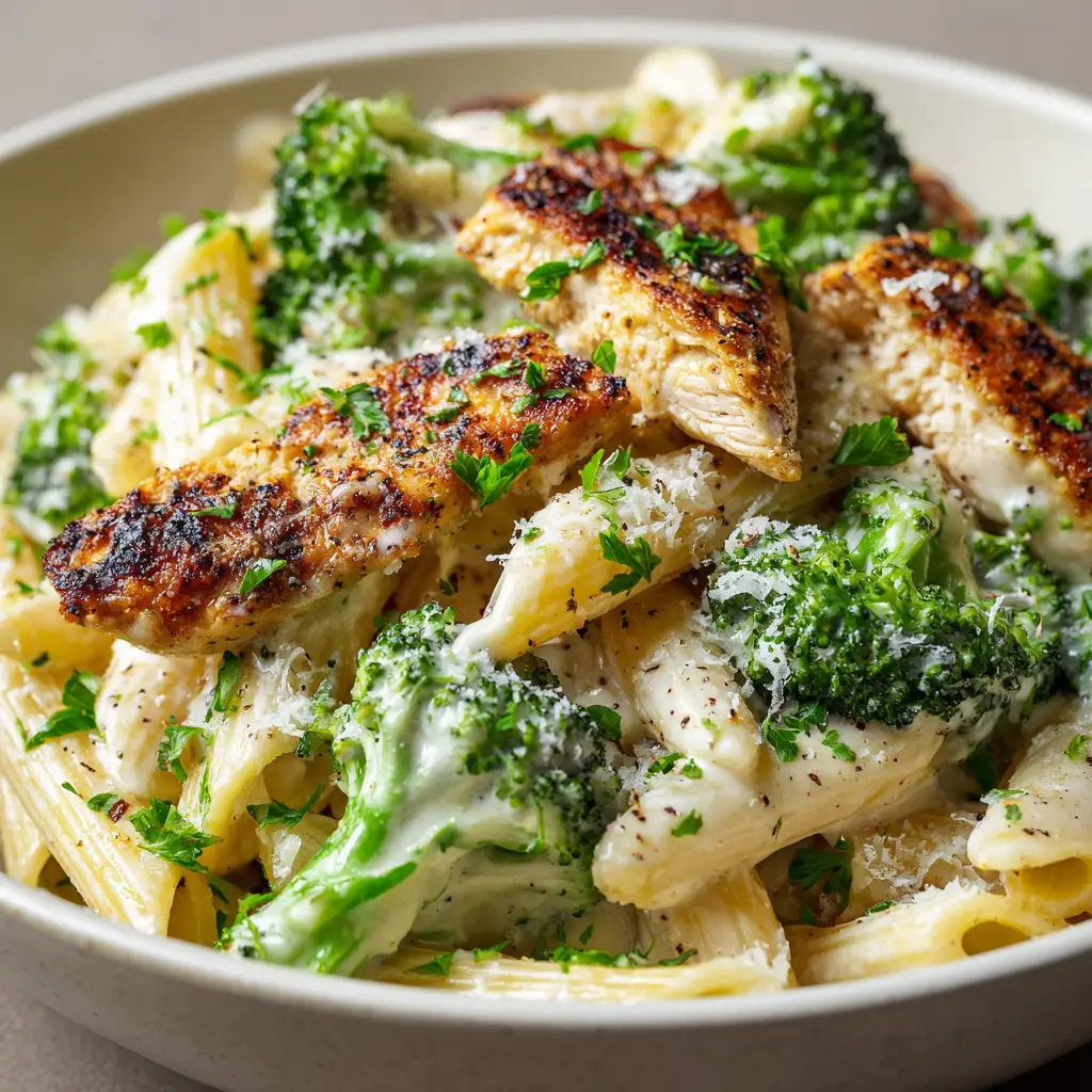 Creamy Chicken Broccoli Penne with Glossy Garlic Cream Sauce 1 A shallow ceramic bowl containing creamy chicken broccoli penne topped with golden-brown pan-seared chicken and fresh parsley.