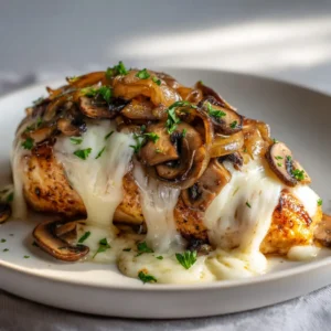 Thick pan-seared golden-brown chicken breast smothered in caramelized onions and gooey white cheese. (Texas Roadhouse Smothered Chicken)