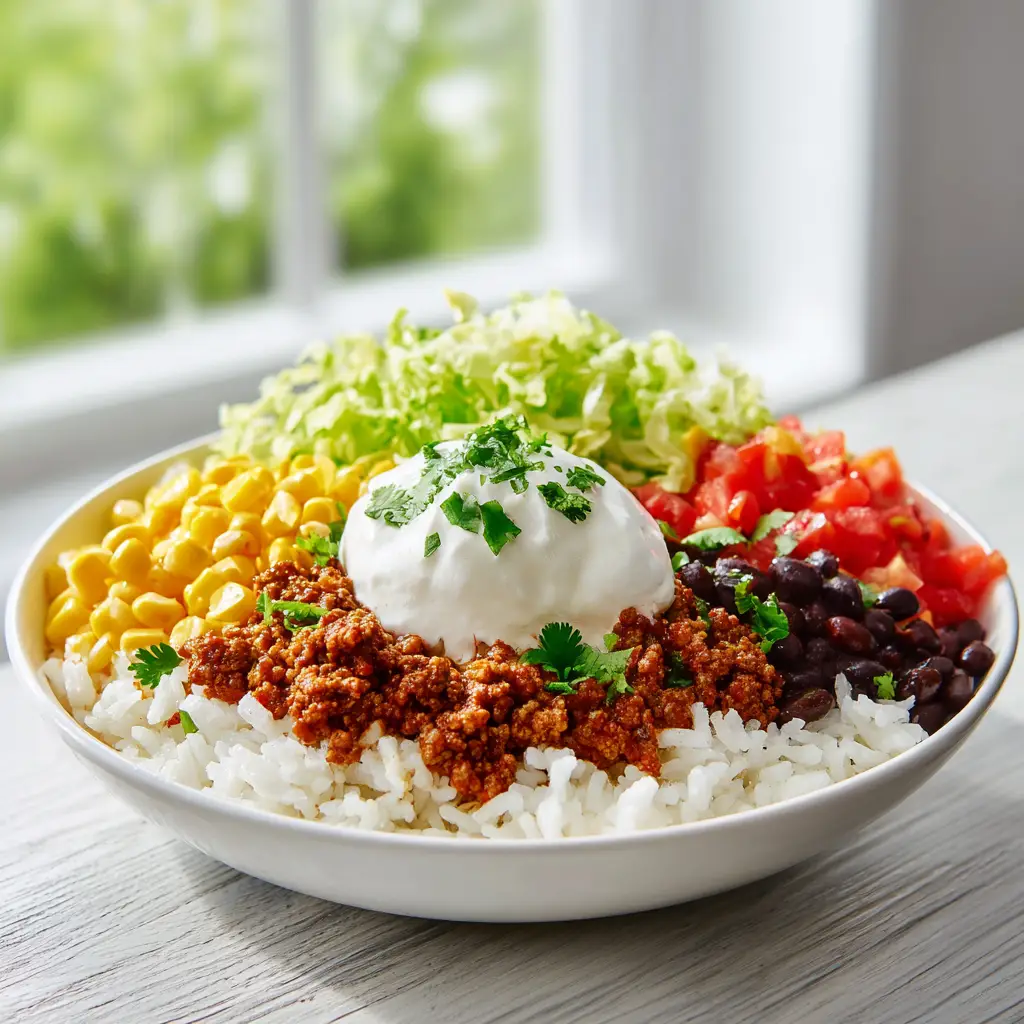 Ground Beef Taco Bowls: The Ultimate Weeknight Meal Prep Solution 1 A smartphone style photo of freshly assembled Ground Beef Taco Bowls on a neutral kitchen counter in natural light.