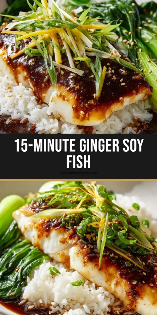 Ginger Soy Fish with a Glossy Umami Glaze and Steamed Bok Choy 4 A close-up of Ginger Soy Fish with a dark glossy glaze, julienned ginger, and sesame seeds over jasmine rice and bok choy.