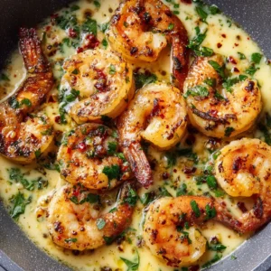 Creamy Coconut Garlic Shrimp: The Ultimate 20-Minute Skillet Masterpiece 3 A close-up shot of plump shrimp simmering in a pale yellow coconut garlic sauce with red chili flakes. (Creamy Coconut Garlic Shrimp)