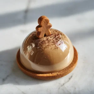 Individual Gingerbread Latte Mousse dome showing the perfect half-sphere shape and shiny glaze.