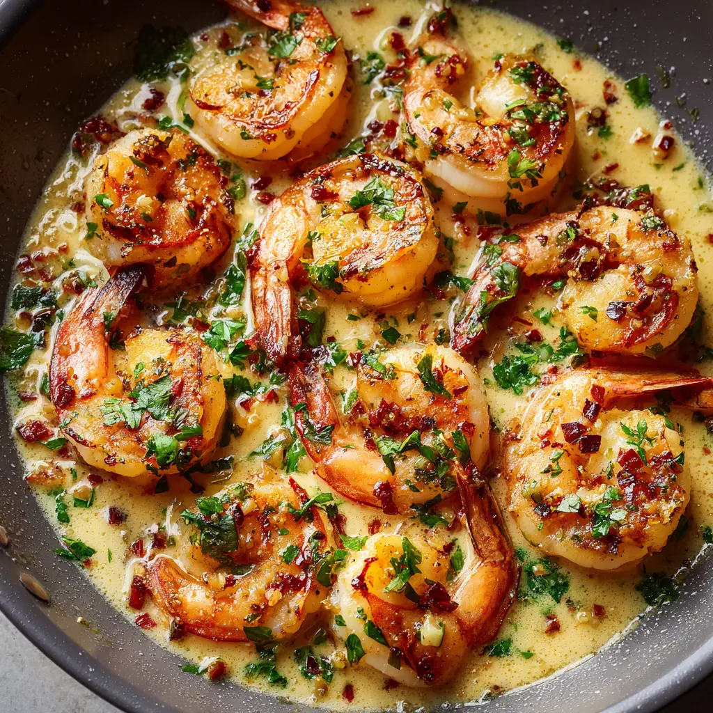 Creamy Coconut Garlic Shrimp: The Ultimate 20-Minute Skillet Masterpiece 1 Detailed top-down view of the finished Creamy Coconut Garlic Shrimp with charred edges and bright green parsley.