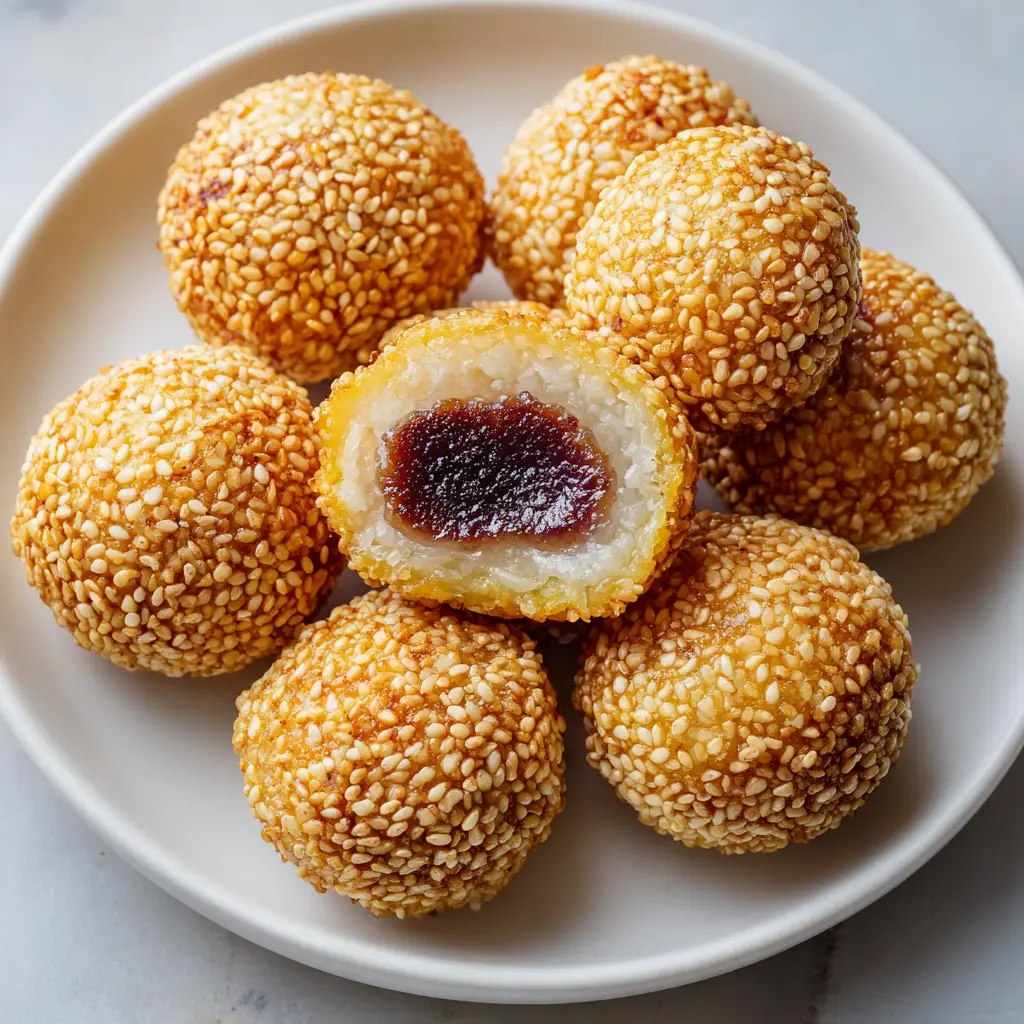 Red Bean Paste Sesame Balls: The Ultimate Crispy and Chewy Guide 1 A sliced sesame ball revealing the translucent glutinous rice dough and dark burgundy Red Bean Paste filling.