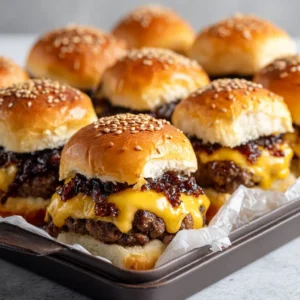 Close up of Bacon Jam Cheeseburger Sliders showing thick beef patties and dripping yellow cheddar cheese.
