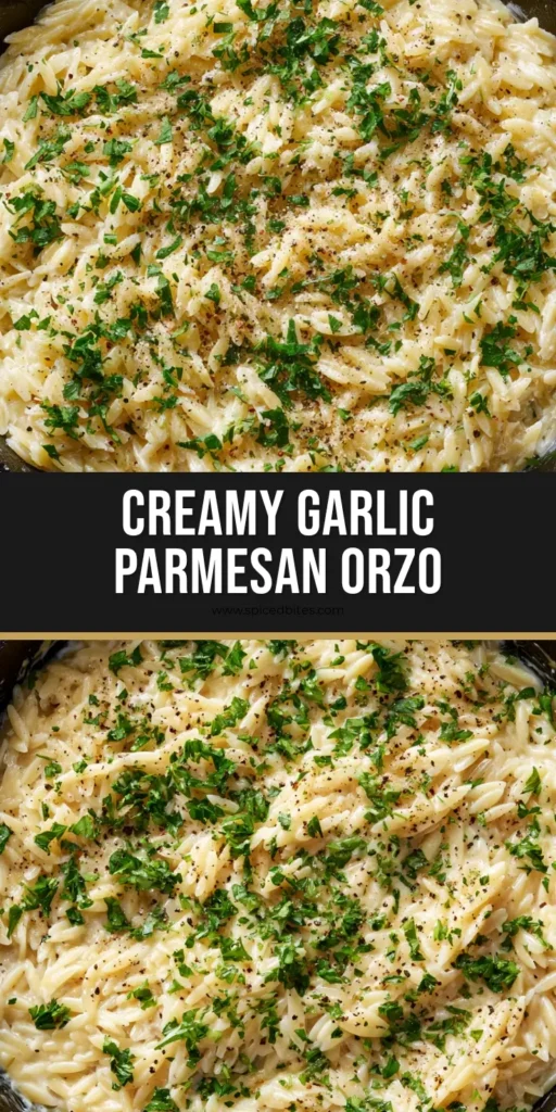 Creamy Garlic Parmesan Orzo: The Ultimate 20-Minute One-Pan Side Dish 4 A top-down view of Creamy Garlic Parmesan Orzo in a cast iron skillet garnished with parsley and black pepper.