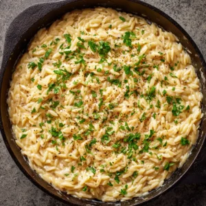 Creamy Garlic Parmesan Orzo: The Ultimate 20-Minute One-Pan Side Dish 3 Close up shot of glistening Creamy Garlic Parmesan Orzo in a black skillet with fresh parsley.