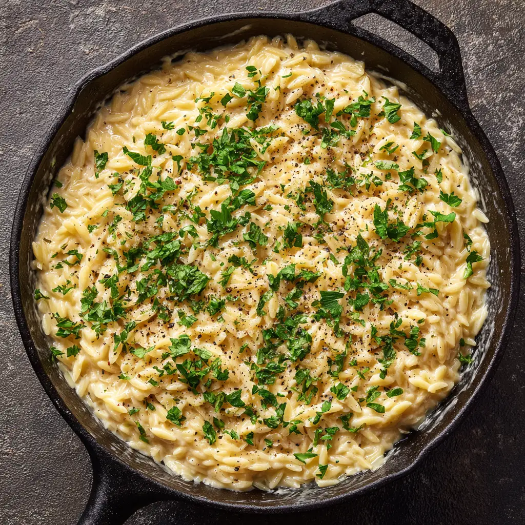 Creamy Garlic Parmesan Orzo: The Ultimate 20-Minute One-Pan Side Dish 1 Top-down view of cooked orzo pasta coated in a thick off-white parmesan cream sauce.