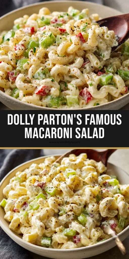 Macaroni Salad: The Ultimate Creamy Deli-Style Classic 4 A top-down view of a creamy Macaroni Salad with visible green celery, red pimentos, and a sprinkle of black pepper on a neutral background.