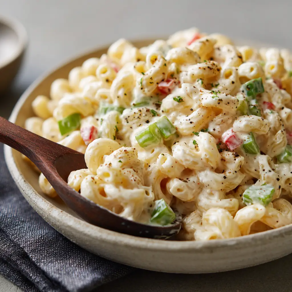 Macaroni Salad: The Ultimate Creamy Deli-Style Classic 1 A shallow ceramic bowl of Macaroni Salad featuring vibrant green celery and red pimento hints under soft natural daylight.