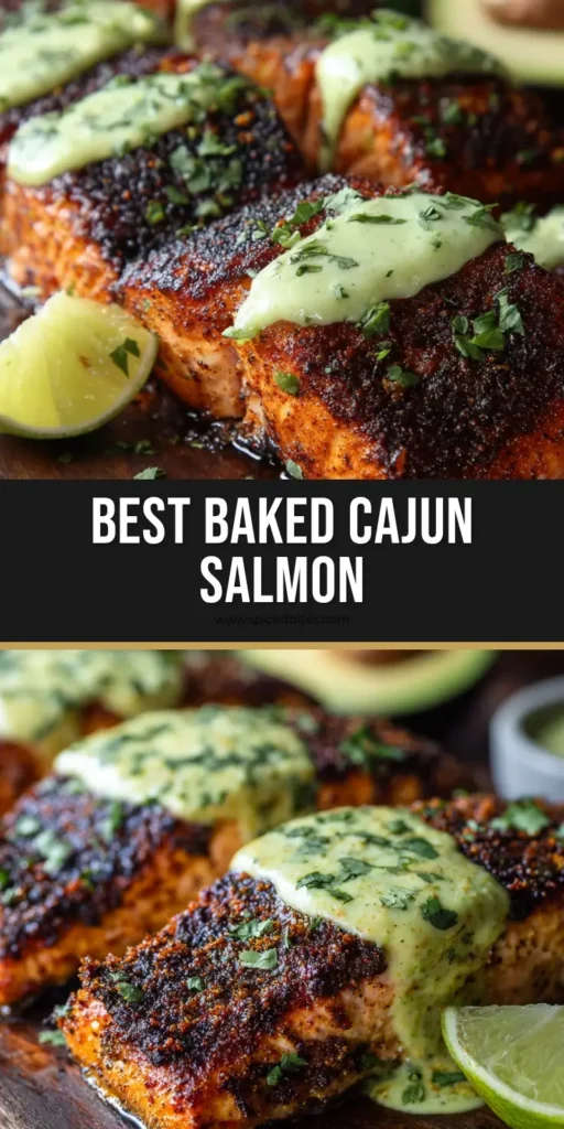Baked Cajun Salmon with a Bold Spice Crust and Zesty Avocado Cream 4 Thick-cut Baked Cajun Salmon fillets on a rustic board with a dark spice crust and avocado lime sauce drizzle.