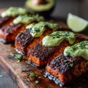 Close up of Baked Cajun Salmon fillets showing the textured dark red and black spice crust and glistening oils.