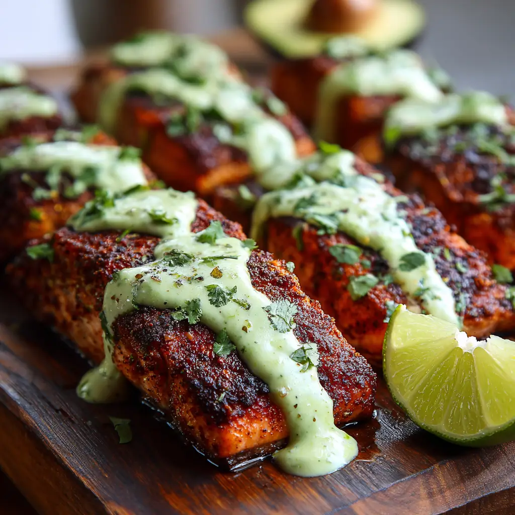 Baked Cajun Salmon with a Bold Spice Crust and Zesty Avocado Cream 1 Baked Cajun Salmon drizzled with pale green avocado sauce and flecked with chopped cilantro.