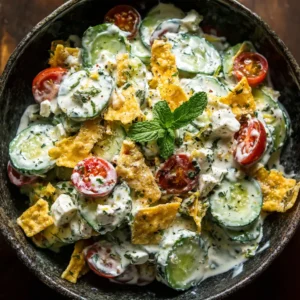 Close-up of creamy Cucumber Ranch Salad showing the herb-flecked dressing and thick cucumber rounds.