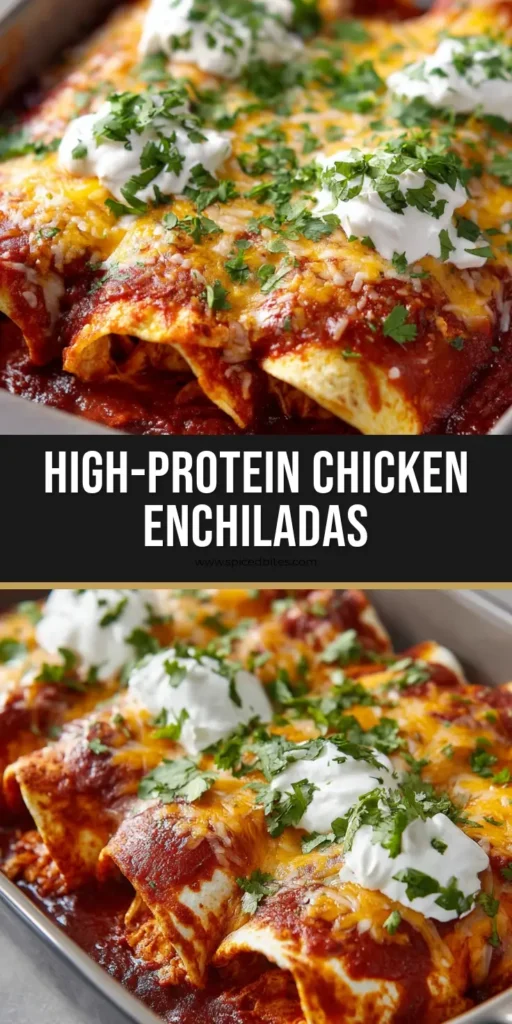 A close-up vertical shot of High Protein Chicken Enchiladas in a gray dish topped with sour cream dollops and fresh cilantro.
