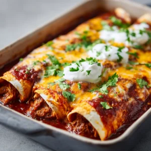 Eye-level view of chicken enchiladas showing the dense shredded chicken filling and melted browned cheese. (High Protein Chicken Enchiladas)