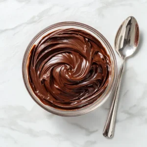 Chocolate Cake Filling Recipe: The Ultimate Glossy Milk Chocolate Ganache 3 A clear glass bowl filled with swirled, glossy milk chocolate ganache on a white marble countertop. (Chocolate Cake Filling Recipe)